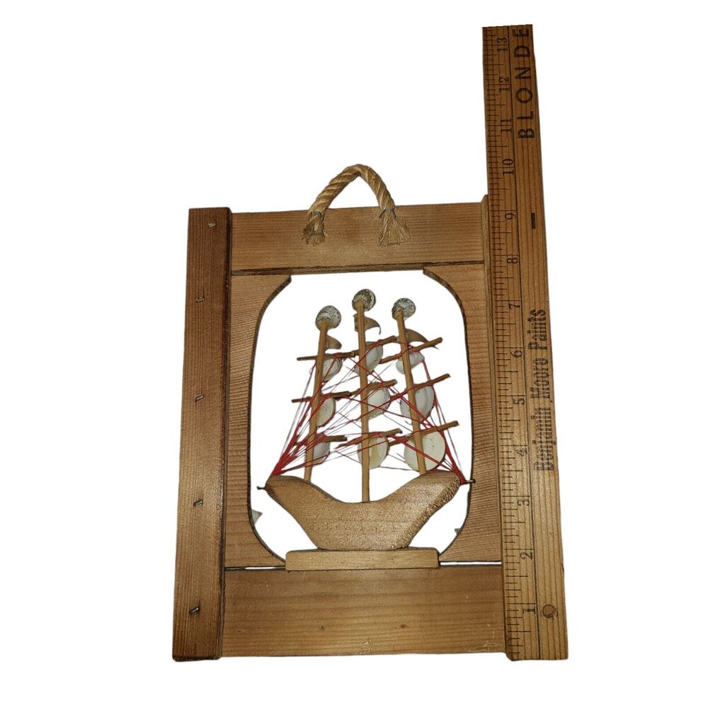 Vintage Handmade Wood Seashell Sail Boat Ship Wall Hanging Key Hooks Nautical - Picture 6 of 8